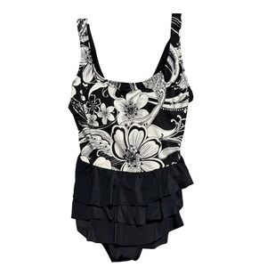 Longitude Womens Black White Floral Paisley Tiered Ruffle Swim Dress Size 10